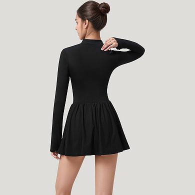 Women's Long Sleeve Athletic Dress with Front Zip and Flowy Skirt