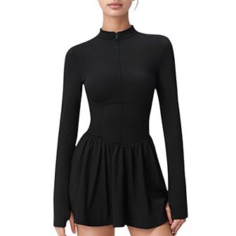 Women's Long Sleeve Athletic Dress with Front Zip and Flowy Skirt