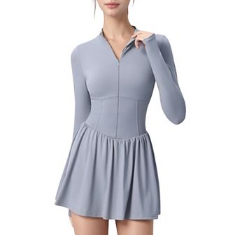 Women's Long Sleeve Athletic Dress with Front Zip and Flowy Skirt