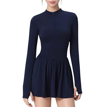 Women's Long Sleeve Athletic Dress with Front Zip and Flowy Skirt