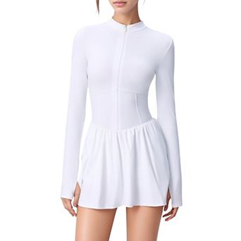 Women's Long Sleeve Athletic Dress with Front Zip and Flowy Skirt