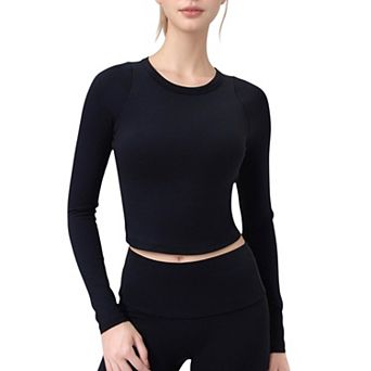 Women's Long Sleeve Cropped Sports Top with Open Back and Crisscross Strap Detail