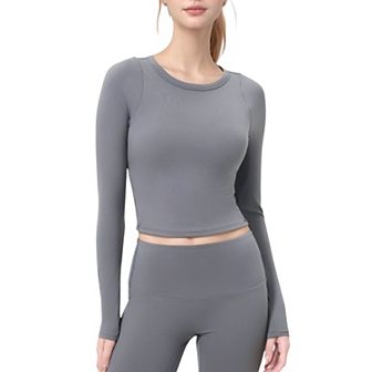 Women's Long Sleeve Cropped Sports Top with Open Back and Crisscross Strap Detail
