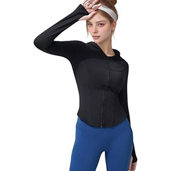 Women's Full Zip Long Sleeve Hooded Active Jacket with Slim Fit and Thumbhole Cuffs