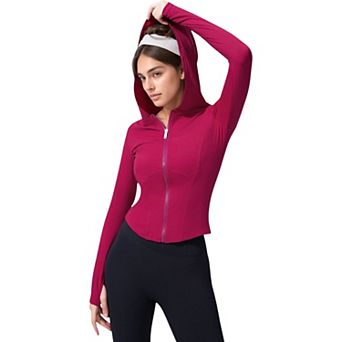Women's Full Zip Long Sleeve Hooded Active Jacket with Slim Fit and Thumbhole Cuffs