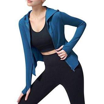 Women's Full Zip Long Sleeve Hooded Active Jacket with Slim Fit and Thumbhole Cuffs
