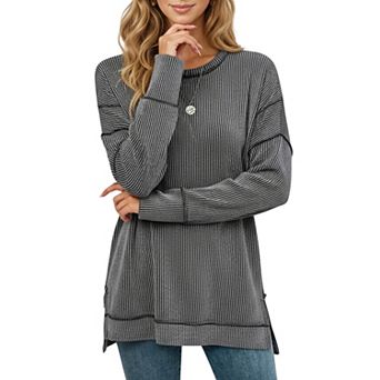 Women's Long Sleeve Ribbed Knit Pullover Top with Side Slit Detail