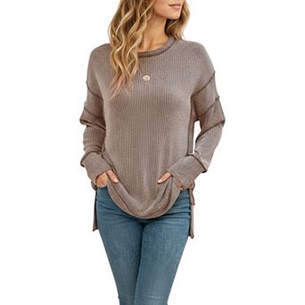 Women's Long Sleeve Ribbed Knit Pullover Top with Side Slit Detail