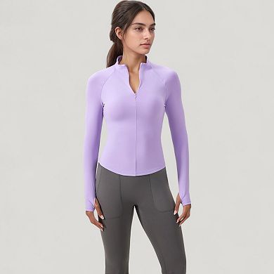 Women's Long Sleeve Half-Zip Slim Fit Active Jacket with Thumbhole Cuffs and Mock Neck