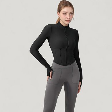 Women's Long Sleeve Zip-Up Cropped Active Jacket with Thumbhole Cuffs and Slim Fit Design