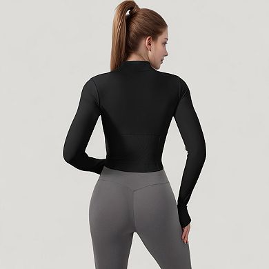 Women's Long Sleeve Zip-Up Cropped Active Jacket with Thumbhole Cuffs and Slim Fit Design