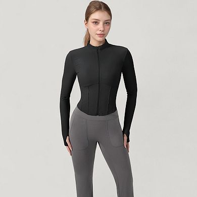Women's Long Sleeve Zip-Up Cropped Active Jacket with Thumbhole Cuffs and Slim Fit Design