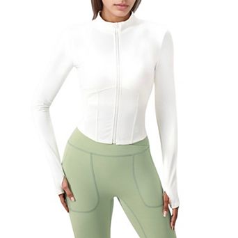 Women's Long Sleeve Zip-Up Cropped Active Jacket with Thumbhole Cuffs and Slim Fit Design
