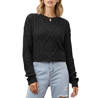 Women's Long Sleeve Cable Knit Pullover Sweater with Textured Pattern
