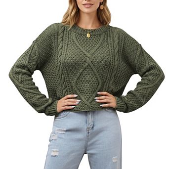 Women's Long Sleeve Cable Knit Pullover Sweater with Textured Pattern