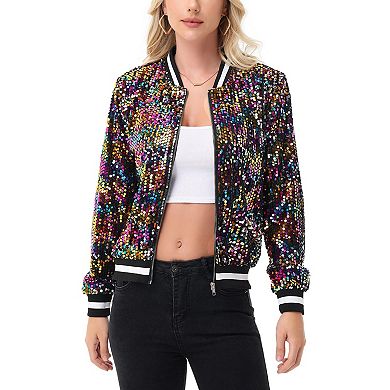 Women's Sequin Bomber Jacket with Ribbed Trim and Front Zipper Closure