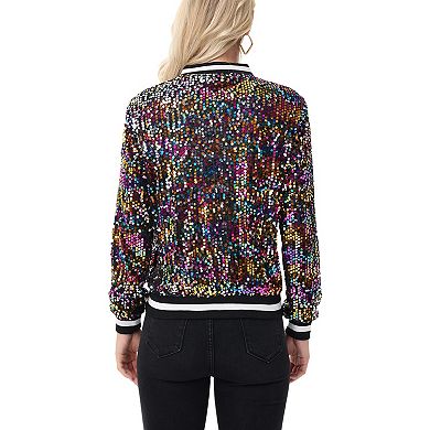 Women's Sequin Bomber Jacket with Ribbed Trim and Front Zipper Closure
