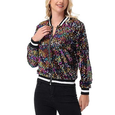Women's Sequin Bomber Jacket with Ribbed Trim and Front Zipper Closure