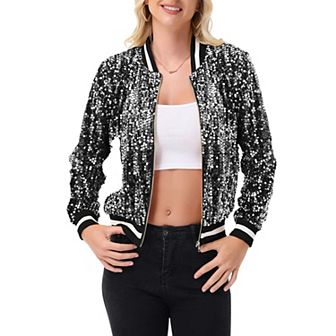 Women's Sequin Bomber Jacket with Ribbed Trim and Front Zipper Closure