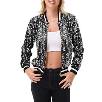 Women's Sequin Bomber Jacket with Ribbed Trim and Front Zipper Closure