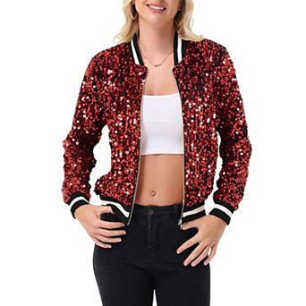 Women's Sequin Bomber Jacket with Ribbed Trim and Front Zipper Closure