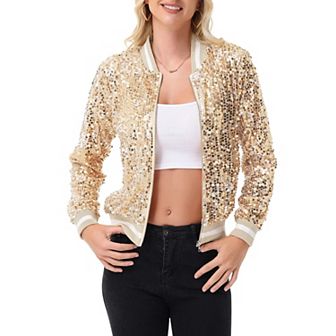 Women's Sequin Bomber Jacket with Ribbed Trim and Front Zipper Closure