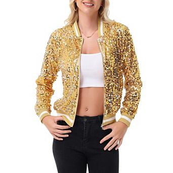 Women's Sequin Bomber Jacket with Ribbed Trim and Front Zipper Closure
