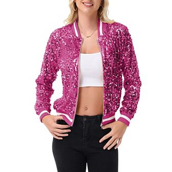 Women's Sequin Bomber Jacket with Ribbed Trim and Front Zipper Closure