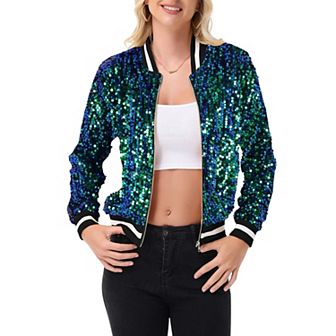 Women's Sequin Bomber Jacket with Ribbed Trim and Front Zipper Closure