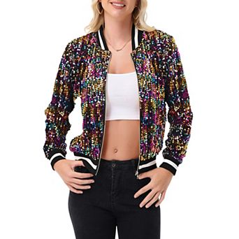 Women's Sequin Bomber Jacket with Ribbed Trim and Front Zipper Closure