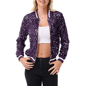 Women's Sequin Bomber Jacket with Ribbed Trim and Front Zipper Closure