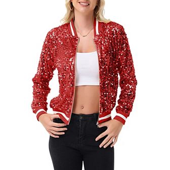 Women's Sequin Bomber Jacket with Ribbed Trim and Front Zipper Closure