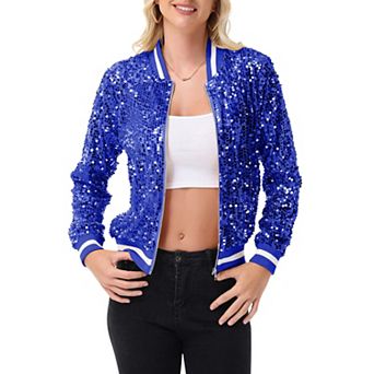 Women's Sequin Bomber Jacket with Ribbed Trim and Front Zipper Closure