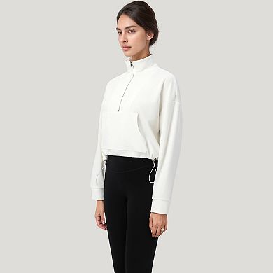 Women's Long Sleeve Half Zip Pullover Top with Mock Neck and Kangaroo Pocket