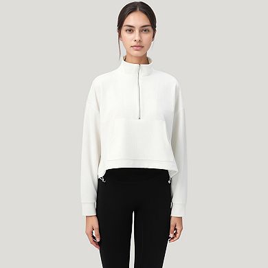 Women's Long Sleeve Half Zip Pullover Top with Mock Neck and Kangaroo Pocket