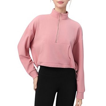Women's Long Sleeve Half Zip Pullover Top with Mock Neck and Kangaroo Pocket