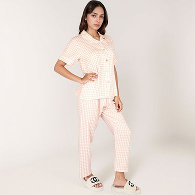 Women's Gingham Print Two-Piece Pajama Set with Short Sleeve Button Top and Relaxed Fit Pants