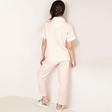 Women's Gingham Print Two-Piece Pajama Set with Short Sleeve Button Top and Relaxed Fit Pants