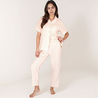 Women's Gingham Print Two-Piece Pajama Set with Short Sleeve Button Top and Relaxed Fit Pants