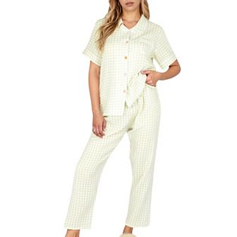 Women's Gingham Print Two-Piece Pajama Set with Short Sleeve Button Top and Relaxed Fit Pants