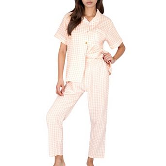 Women's Gingham Print Two-Piece Pajama Set with Short Sleeve Button Top and Relaxed Fit Pants