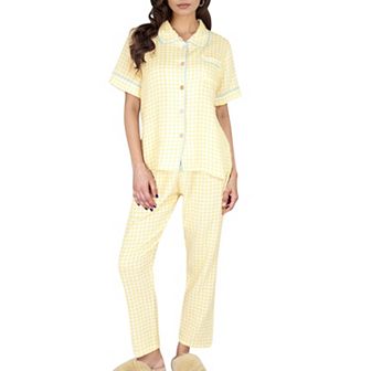 Women's Gingham Print Two-Piece Pajama Set with Short Sleeve Button Top and Relaxed Fit Pants