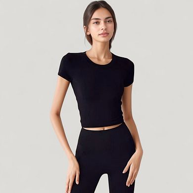Women's Short Sleeve Open Back Crop Top with Twist Detail and Fitted Silhouette