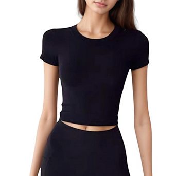 Women's Short Sleeve Open Back Crop Top with Twist Detail and Fitted Silhouette