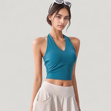 Women's Halter Neck Fitted Crop Top with Soft Stretch Fabric and Contoured Waist