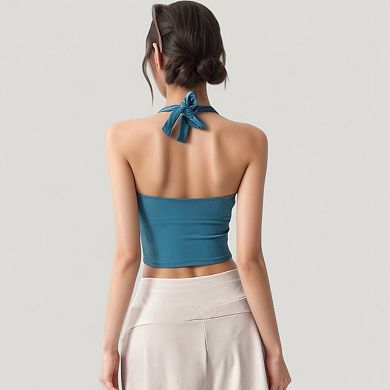 Women's Halter Neck Fitted Crop Top with Soft Stretch Fabric and Contoured Waist
