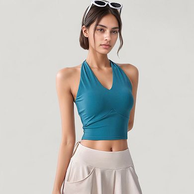 Women's Halter Neck Fitted Crop Top with Soft Stretch Fabric and Contoured Waist