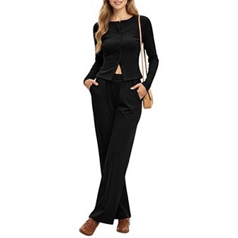 Women's 2 pc Set Long Sleeve Button Front Top and Wide Leg Pants