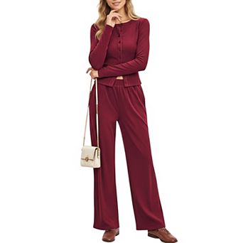 Women's 2 pc Set Long Sleeve Button Front Top and Wide Leg Pants