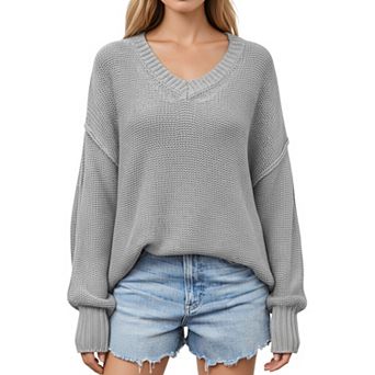 Women's V-Neck Relaxed Fit Knit Sweater with Long Sleeves